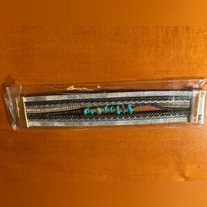 Boho Multi-Strand Silver & Black Bracelet with Turquoise and Rhinestone Accents